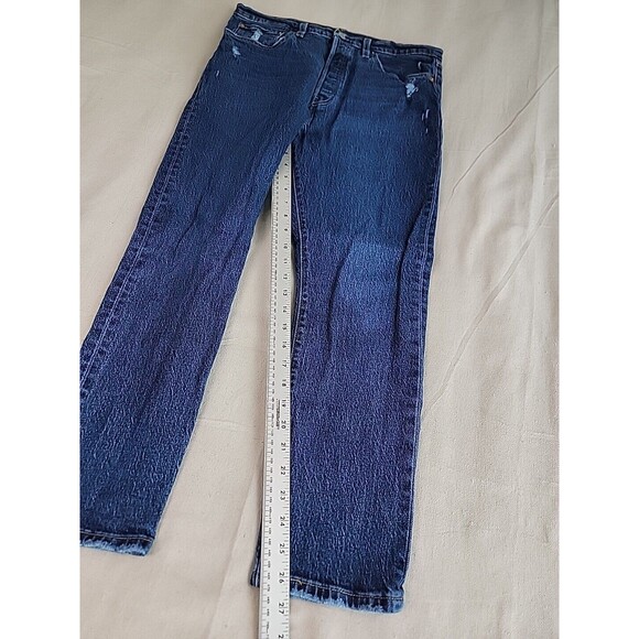 Levis 501 Jeans Mens 32x286 Dark Blue Button Fly Distressed Mid Rise Stretch - Picture 2 of 14